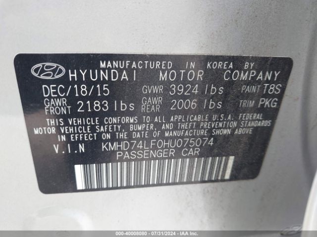 KMHD74LF0HU075074 Hyundai ELANTRA SE