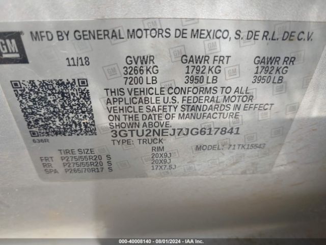 GMC Sierra 1500 Slt 2018 3GTU2NEJ7JG617841 Image 9