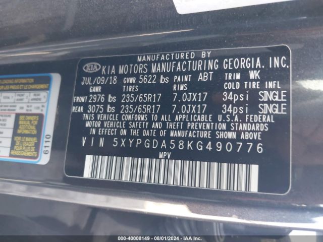 5XYPGDA58KG490776 KIA Sorento 3.3l Lx