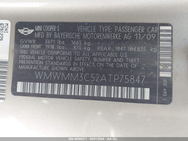 2010 MINI COOPER S CLUBMAN WMWMM3C52ATP75847 Photo 8