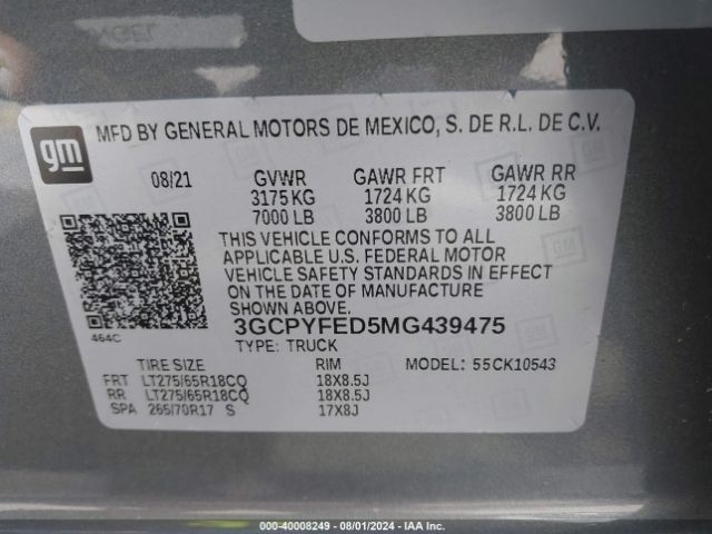 3GCPYFED5MG439475 Chevrolet Silverado 1500 4wd  Short Bed Lt Trail Boss