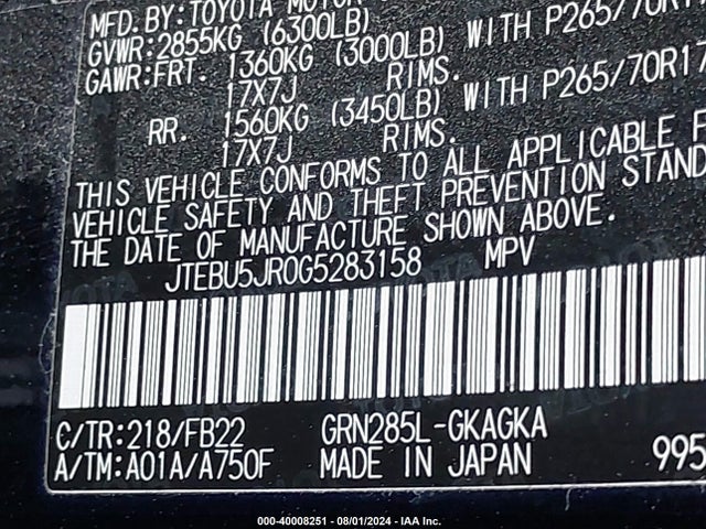 Toyota 4RUNNER SR5 2016 JTEBU5JR0G5283158 Image 9