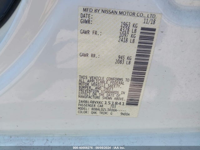 Nissan Altima 2.5 S 2019 1N4BL4BVXKC151841 Image 9
