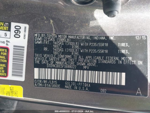 5TDYK3DC5FS688022 Toyota Sienna Limited 7 Passenger