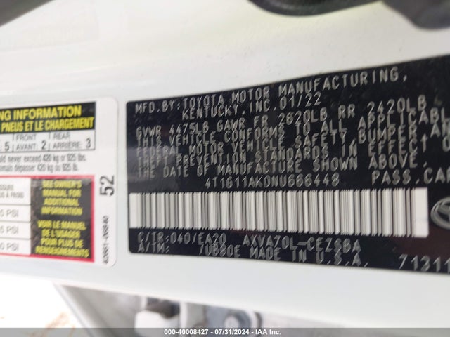 Toyota CAMRY SE 2022 4T1G11AK0NU666448 Image 9