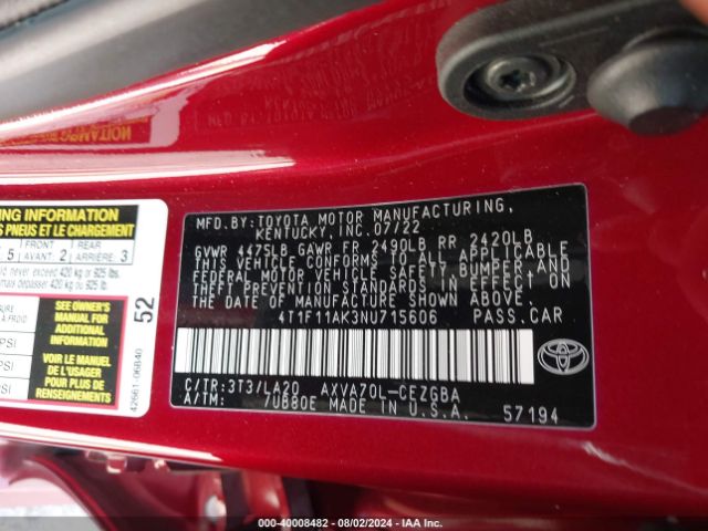 4T1F11AK3NU715606 Toyota CAMRY XLE