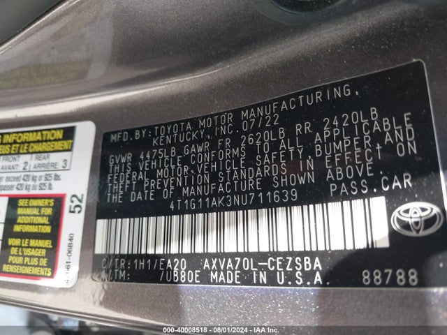 Toyota CAMRY SE 2022 4T1G11AK3NU711639 Image 9