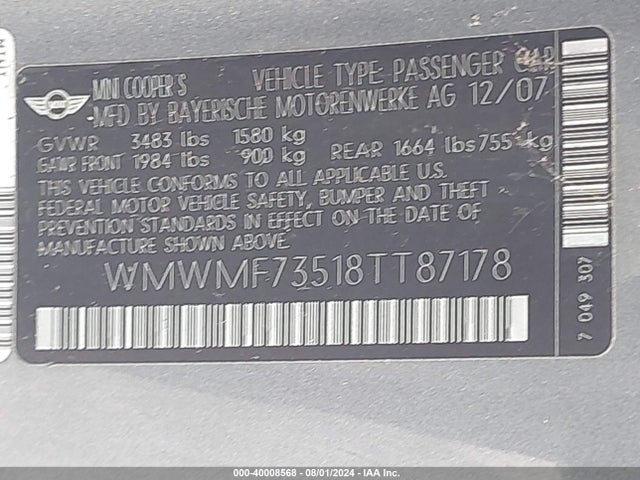 2008 MINI COOPER S WMWMF73518TT87178 Photo 8