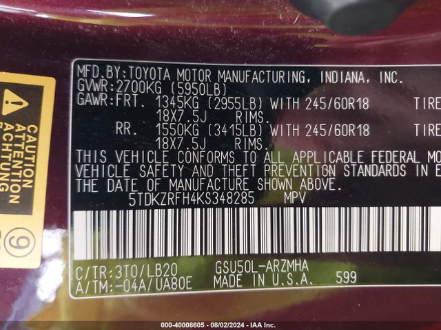 Toyota Highlander Xle 2019 5TDKZRFH4KS348285 Image 9