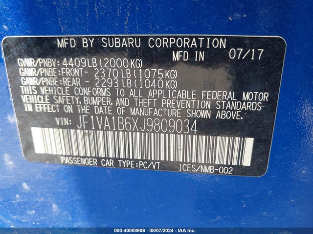 Subaru Wrx Premium 2018 JF1VA1B6XJ9809034 Image 9