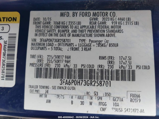 Ford FUSION SE 2016 3FA6P0H73GR258701 Image 9