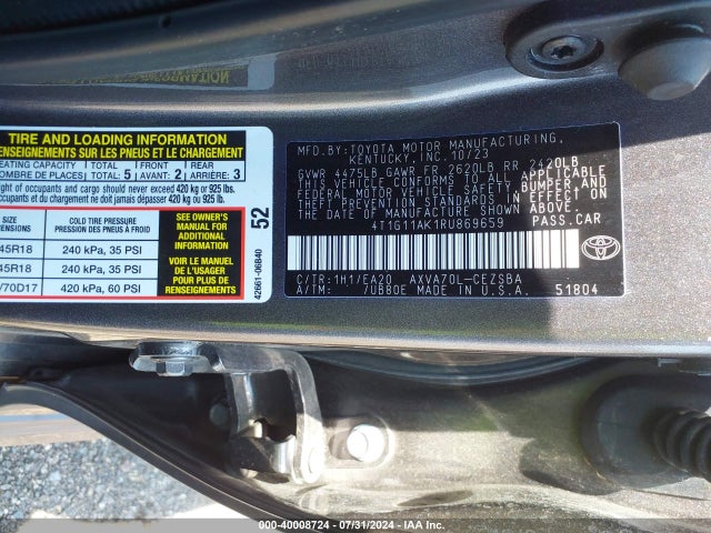 Toyota CAMRY SE 2024 4T1G11AK1RU869659 Image 9