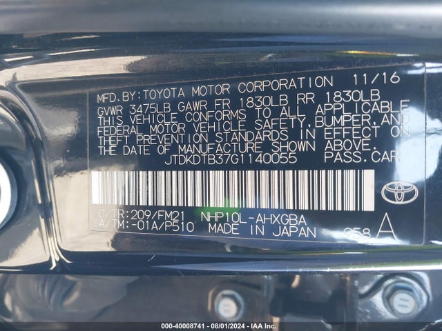 Toyota Prius C Three 2016 JTDKDTB37G1140055 Image 9