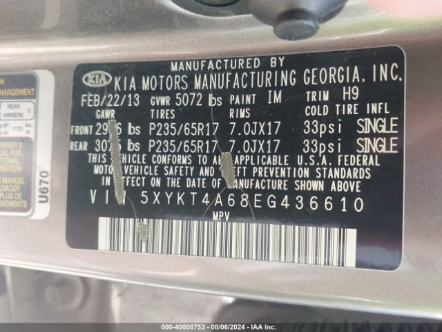 5XYKT4A68EG436610 KIA SORENTO LX