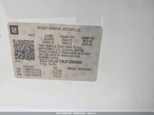 1GC1KUEY8JF250685 Chevrolet Silverado 2500hd Wt