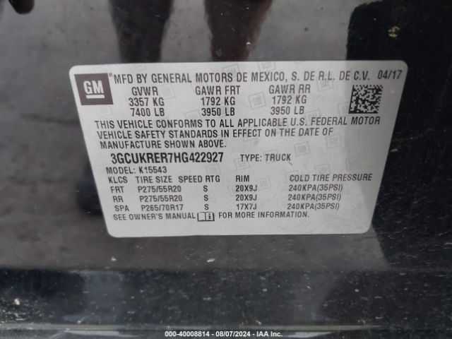 3GCUKRER7HG422927 Chevrolet Silverado 1500 1lt