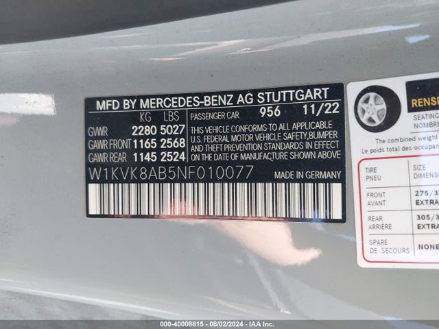 W1KVK8AB5NF010077 Mercedes-Benz Amg Sl 55 4matic