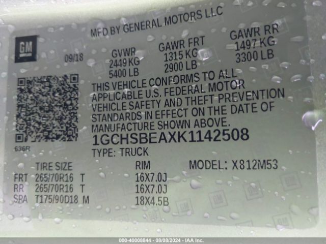1GCHSBEAXK1142508 Chevrolet Colorado Wt