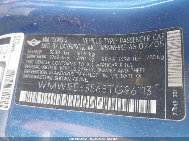 2005 MINI COOPER S WMWRE33565TG96113 Photo 8
