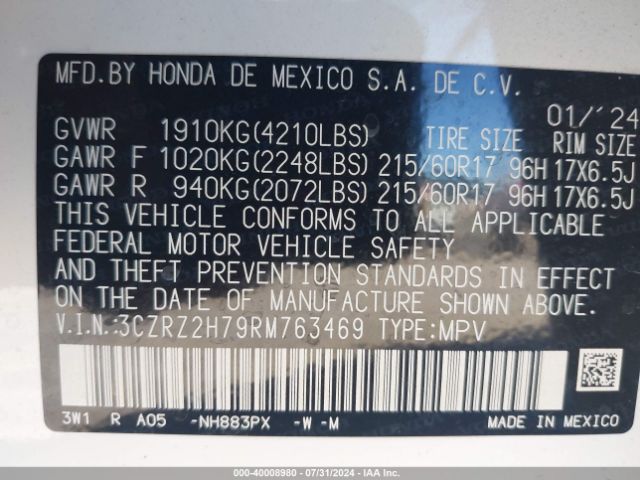 3CZRZ2H79RM763469 Honda Hr-v Awd Ex-l/awd Ex-l W/o Bsi