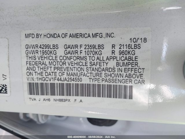 1HGCV1F44JA254550 Honda ACCORD EX