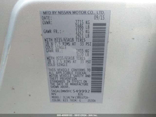 5N1AL0MN9FC549992 Infiniti QX60
