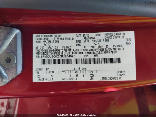 Ford ESCAPE SE 2016 1FMCU9GX3GUB64978 Image 9