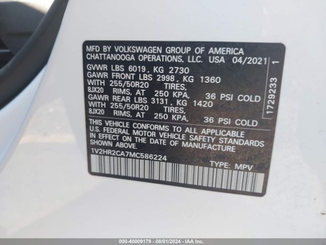 1V2HR2CA7MC586224 Volkswagen Atlas 3.6l V6 Se W/technology