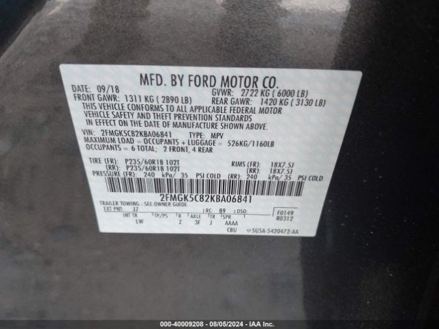 2FMGK5C82KBA06841 Ford FLEX SEL