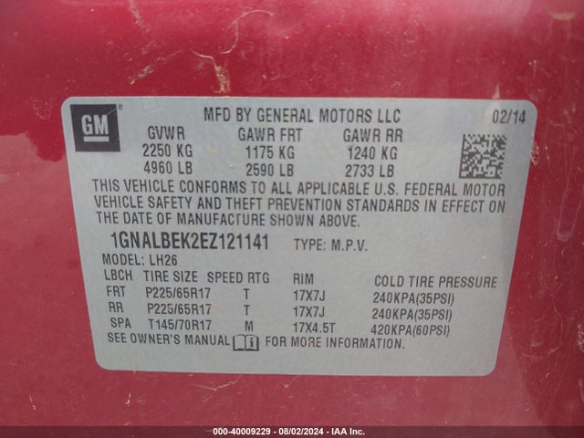 Chevrolet EQUINOX 1LT 2014 1GNALBEK2EZ121141 Image 9