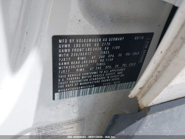Продаж на аукціоні авто 2010 Volkswagen Tiguan Wolfsburg Edition, vin: WVGAV7AX8AW523920, номер лоту: 40009243