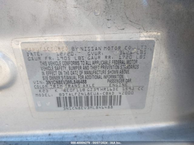 3N1CN8EV3ML846488 Nissan Versa Sv Xtronic Cvt
