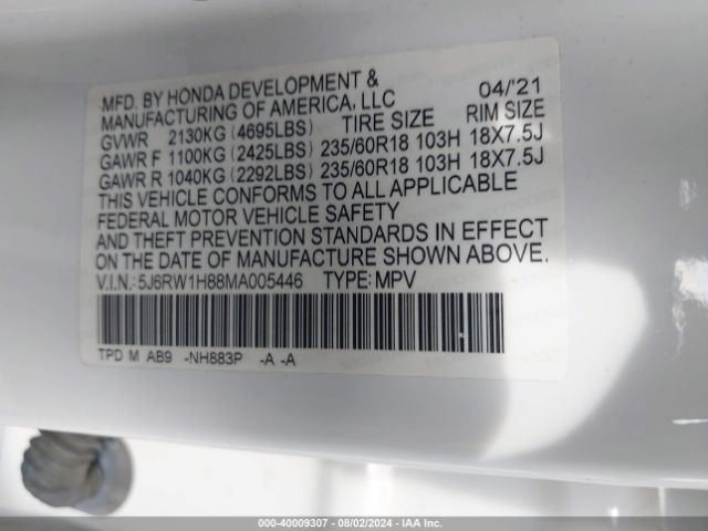 5J6RW1H88MA005446 Honda Cr-v 2wd Ex-l