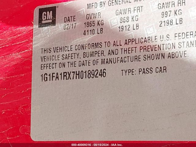 1G1FA1RX7H0189246 Chevrolet Camaro 1ls