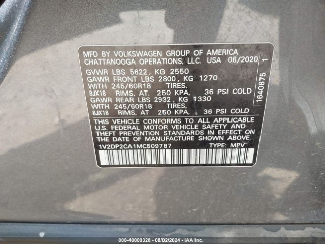 1V2DP2CA1MC509787 Volkswagen Atlas 2.0t Se