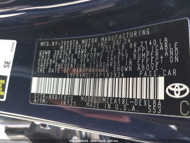 Toyota COROLLA LE 2024 5YFB4MDE2RP192924 Image 9