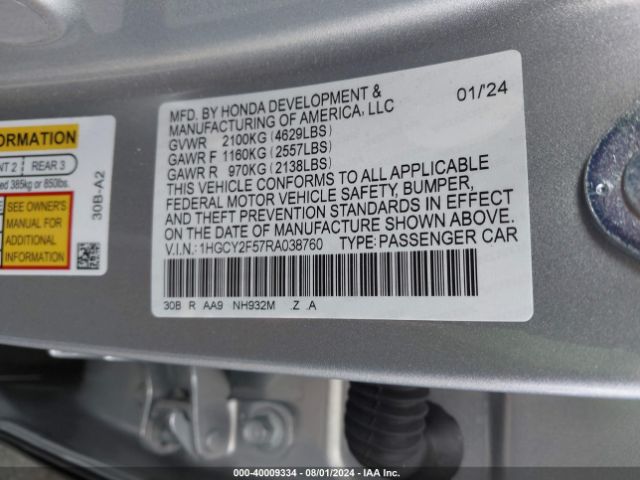 1HGCY2F57RA038760 Honda Accord Hybrid Sport