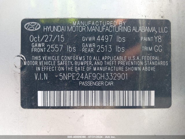 Hyundai SONATA SE 2016 5NPE24AF9GH332901 Image 9