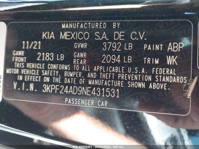 3KPF24AD9NE431531 KIA FORTE FE