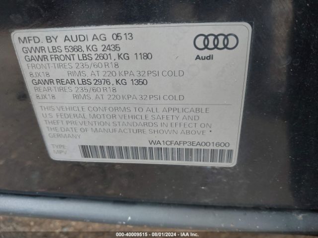 WA1CFAFP3EA001600 Audi Q5 2.0t Premium