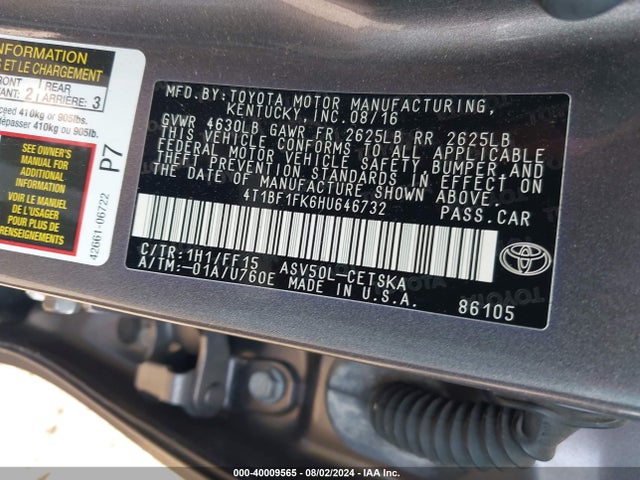 Toyota CAMRY SE 2017 4T1BF1FK6HU646732 Image 9