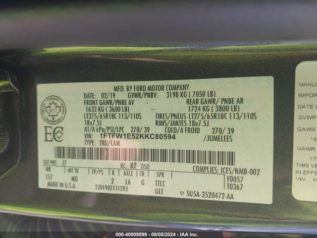 Ford F-150 Xlt 2019 1FTFW1E52KKC80594 Image 9