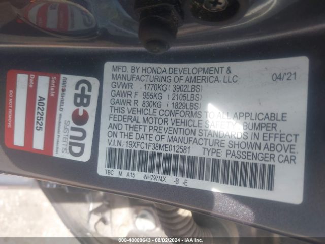 19XFC1F38ME012581 Honda CIVIC EX