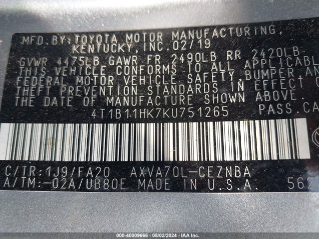 Toyota CAMRY LE 2019 4T1B11HK7KU751265 Image 9