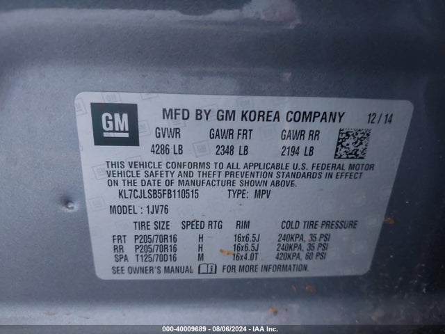 Chevrolet Trax Lt 2015 KL7CJLSB5FB110515 Image 9