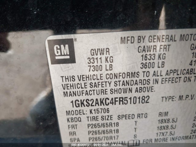 1GKS2AKC4FR510182 GMC YUKON SLE