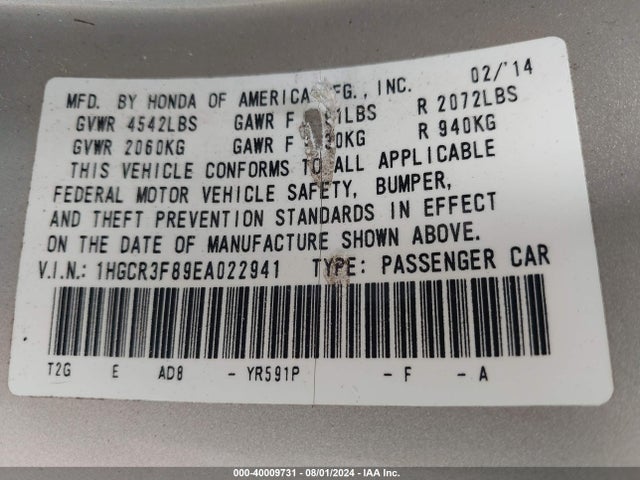 Honda j35y1 2014 1HGCR3F89EA022941 Image 9
