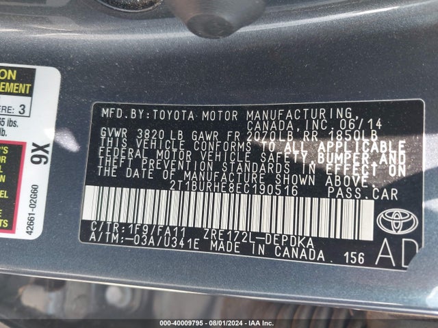 Toyota COROLLA L 2014 2T1BURHE8EC190516 Image 9