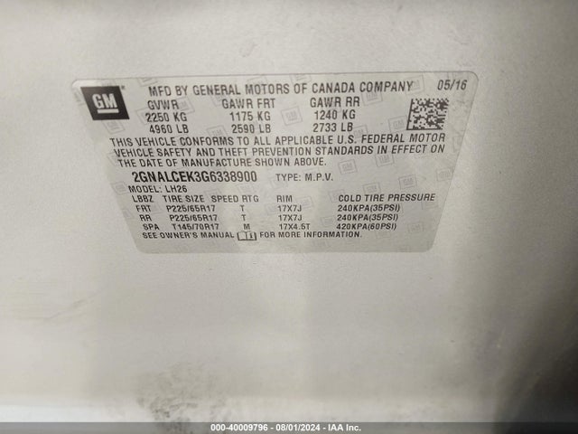 Chevrolet EQUINOX LT 2016 2GNALCEK3G6338900 Image 9