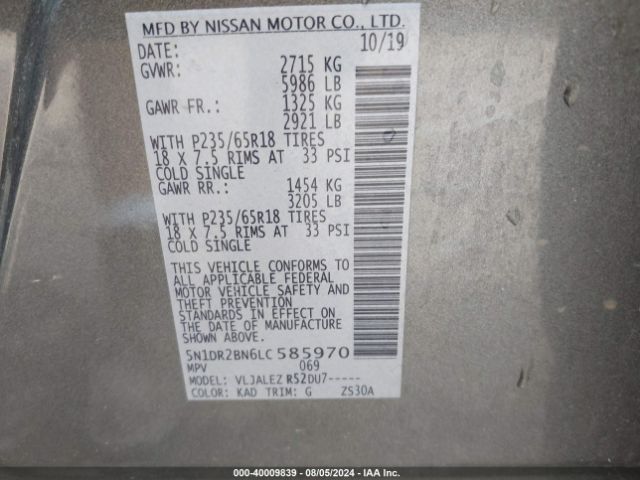 5N1DR2BN6LC585970 Nissan Pathfinder Sv 2wd